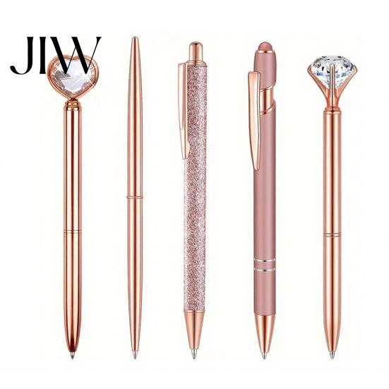 Fashionable Office School Supply 5PCS Metal Diamond Ballpoint Pens, with Sparkling Rhinestone Decor, Premium Barrel Pen Smooth Press Mechanism Writing