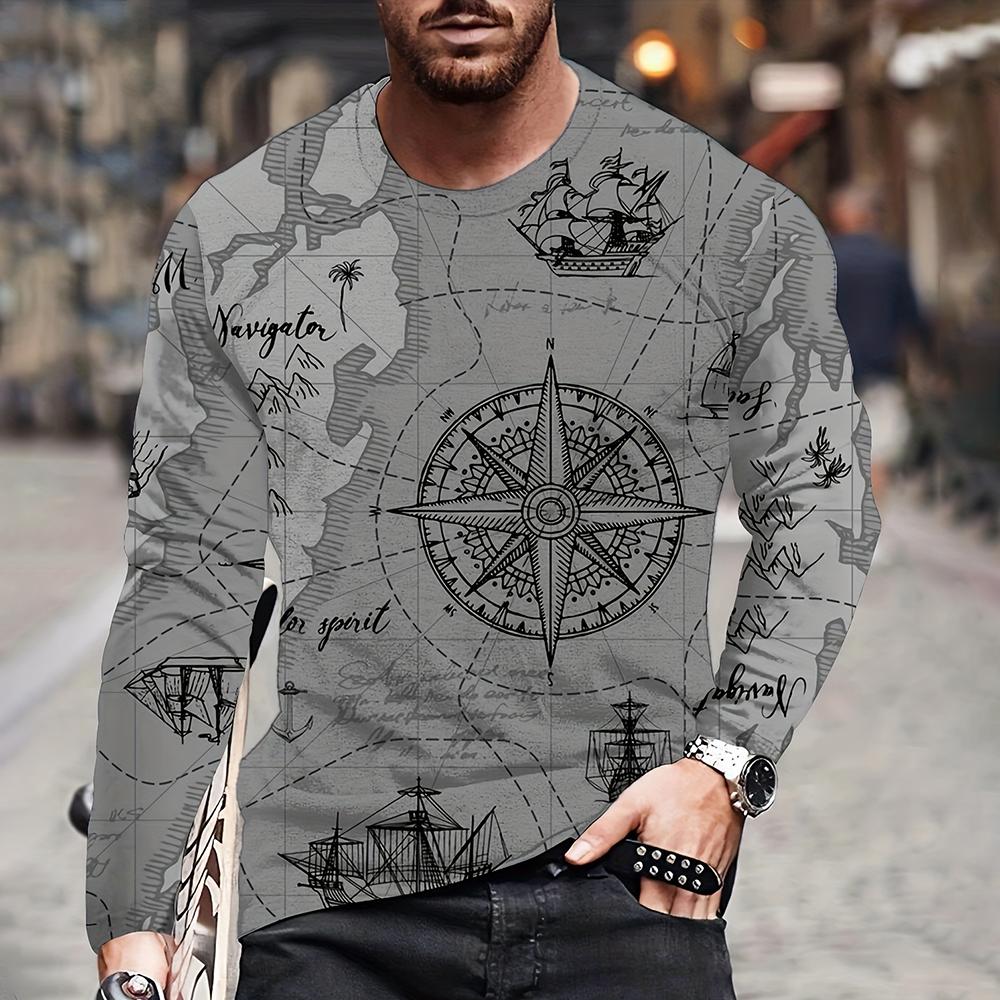 Vintage Men's Long Sleeves T Shirt Fashion Cross Pattern Long Sleeve 3D Clothing Nautical Map Print Street Harajuku Oversized