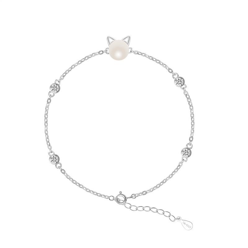 Sterling Silver S925 Silver Bracelet Korean Style Pearl Cat Ears Sweet and Cute Diamond Kitten Bracelet for Women Gift