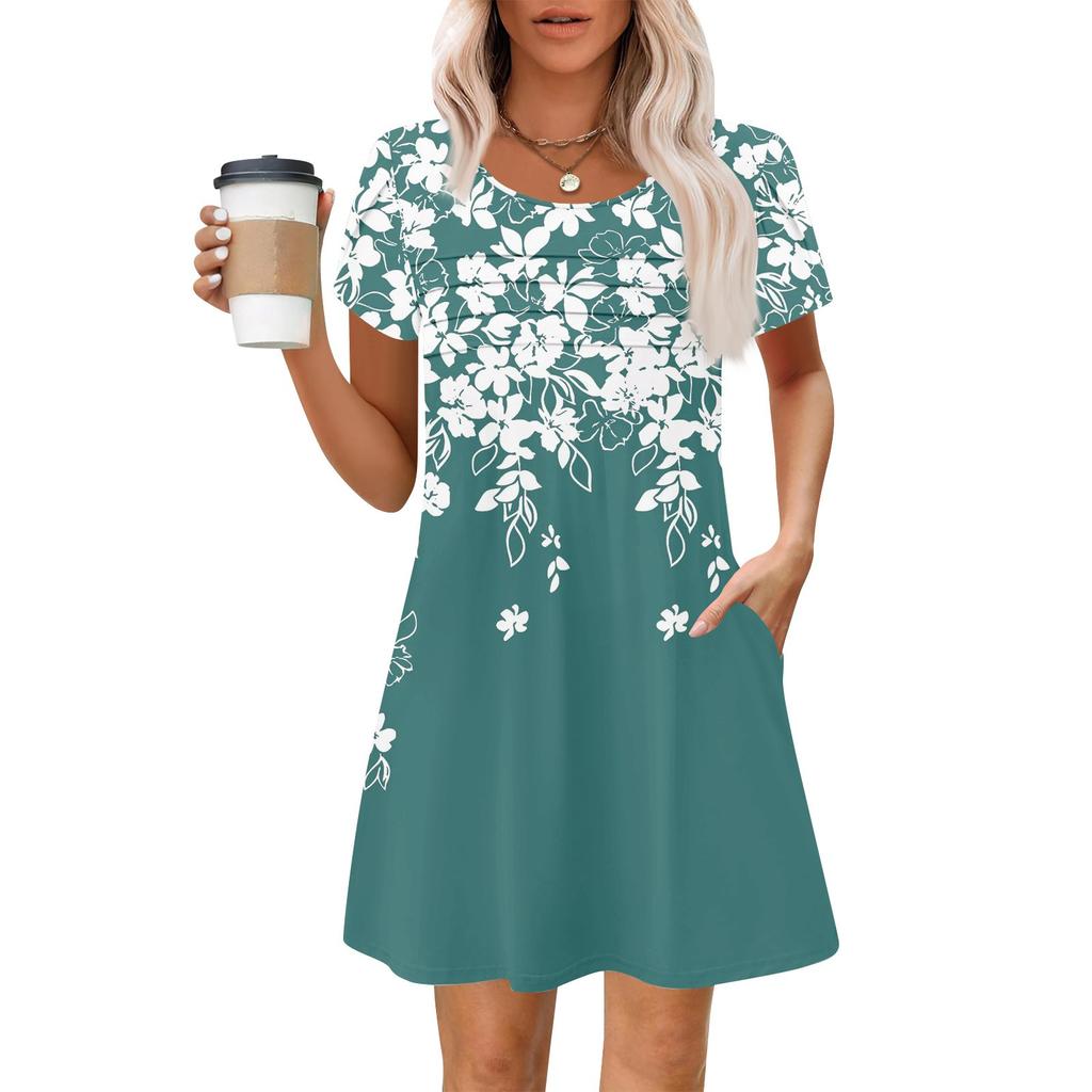 Women's Summer Casual Petal Slim Stripe Pleated Solid Color Dresses