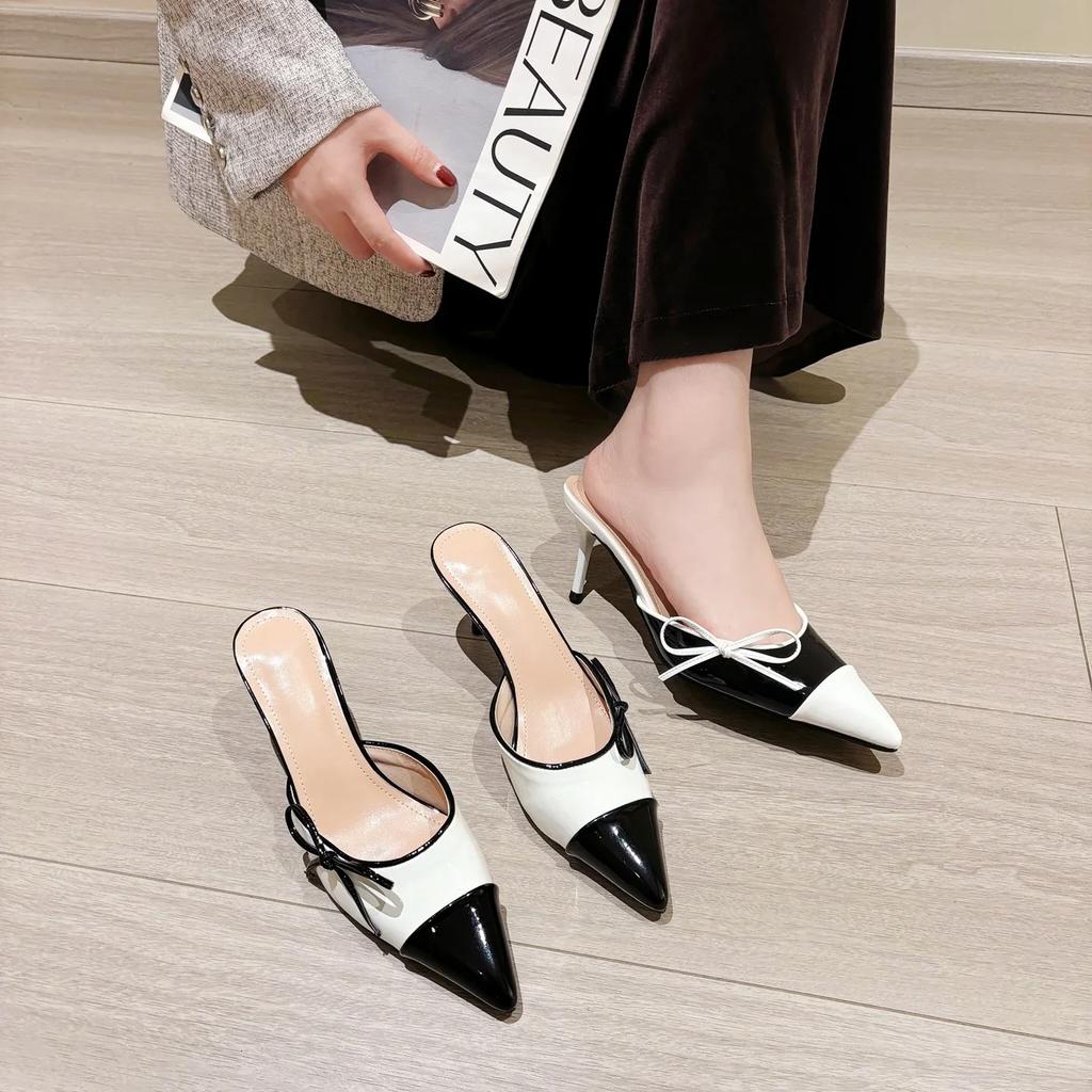 2025 New High-heeled 7CM Sandals for Women, Color Blocked Butterfly Bow Pointed Plus Size Women's Shoes