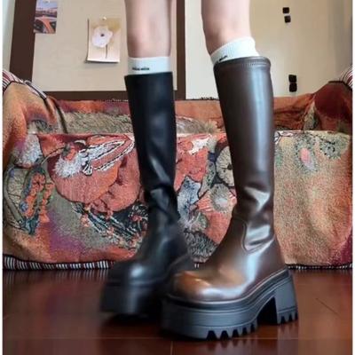 Черные женские высокие сапоги новая осень тонкая толстая подошва но до колена рыцарские сапоги маленькие высокие сапоги