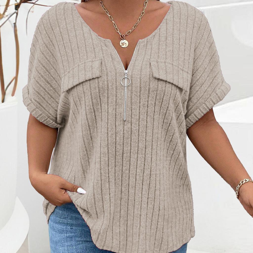 Spring and Summer New Solid Color Large Women's Top Zipper Short Sleeve Fake Pocket Pullover T-shirt Loose
