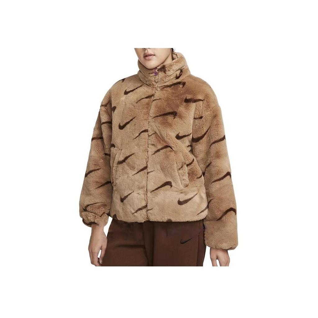 Nike Logo Print Stand Collar Loose Warm Fleece Jacket Women Outerwear Brown DQ6843-258