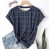 Striped Casual Sports Women's T-shirt Summer Round Neck Short Sleeved Element Pattern Checkered Loose Fit T-shirts