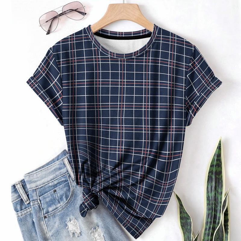 Striped Casual Sports Women's T-shirt Summer Round Neck Short Sleeved Element Pattern Checkered Loose Fit T-shirts