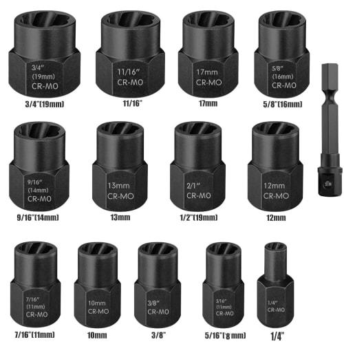 13+1 Piece Nut Remover Set, Nut Extractor Socket, Impact Bolt Remover Tool Set for Car Repair and Easy Furniture Assembly, Includes Nut Extractor Sock