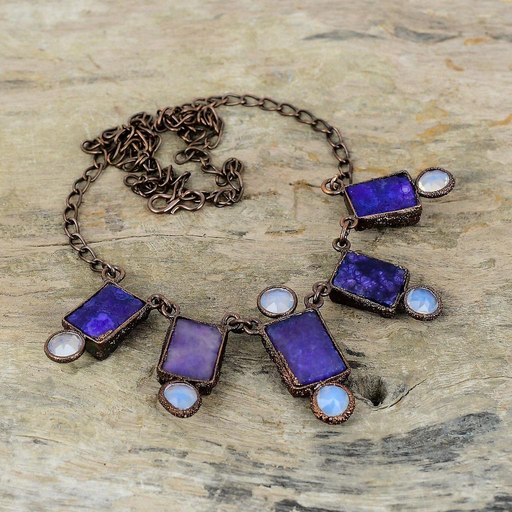 Purple Druzy Gemstone Necklace Electroformed Copper Necklace Adjustable Chain Necklace Handmade Electroformed Jewelry Milky Opal Necklace