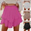 Mini Skirt with Hollow Crochet Design High-Waisted Style Double Layer Ruffle Hem Short Skirt Solid Color Cake Skirt