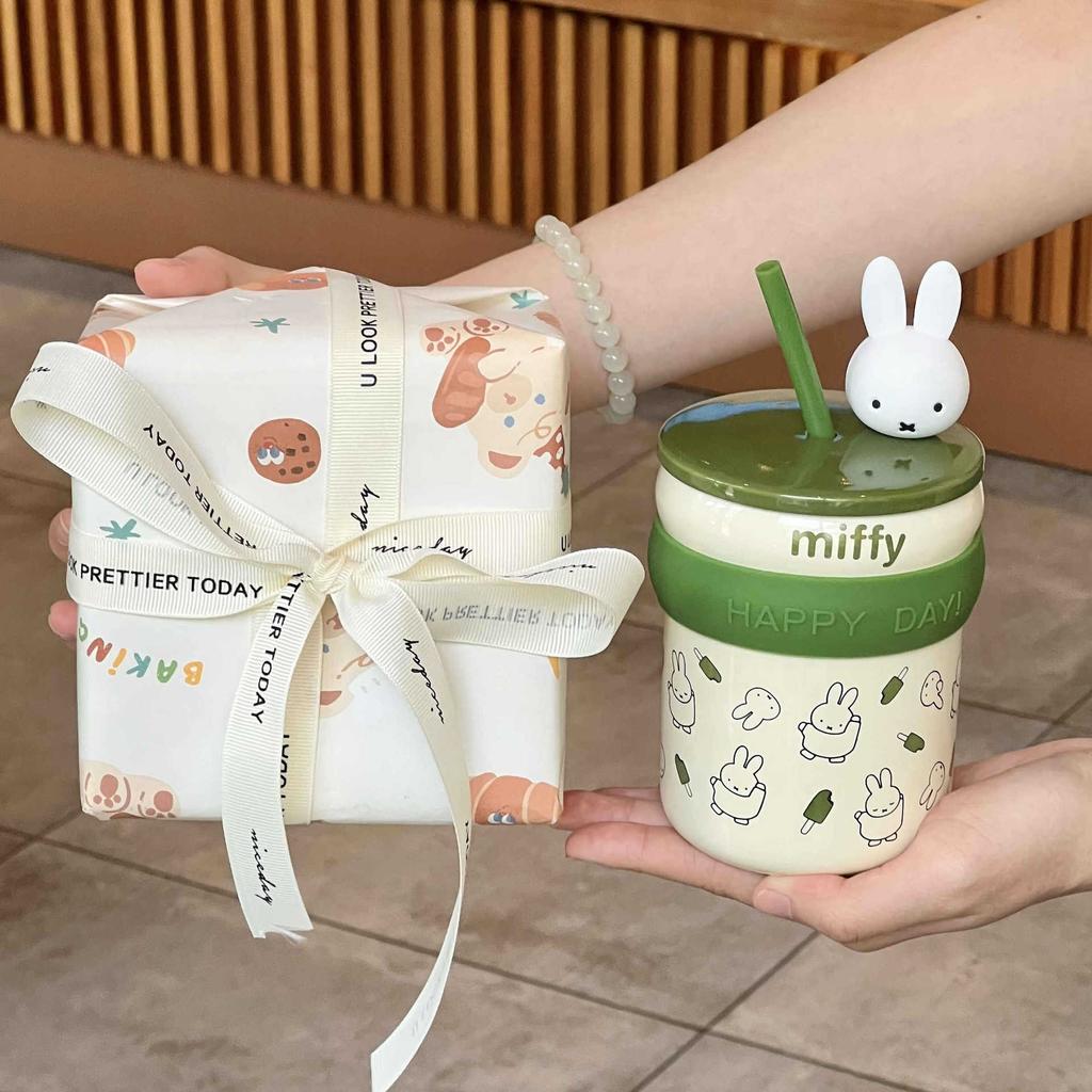 Подарок на день рождения Миффи Кролик Соломенная чашка для воды для девочек Керамическая кружка с крышкой Офисная кофейная чашка Сувенирный подарок