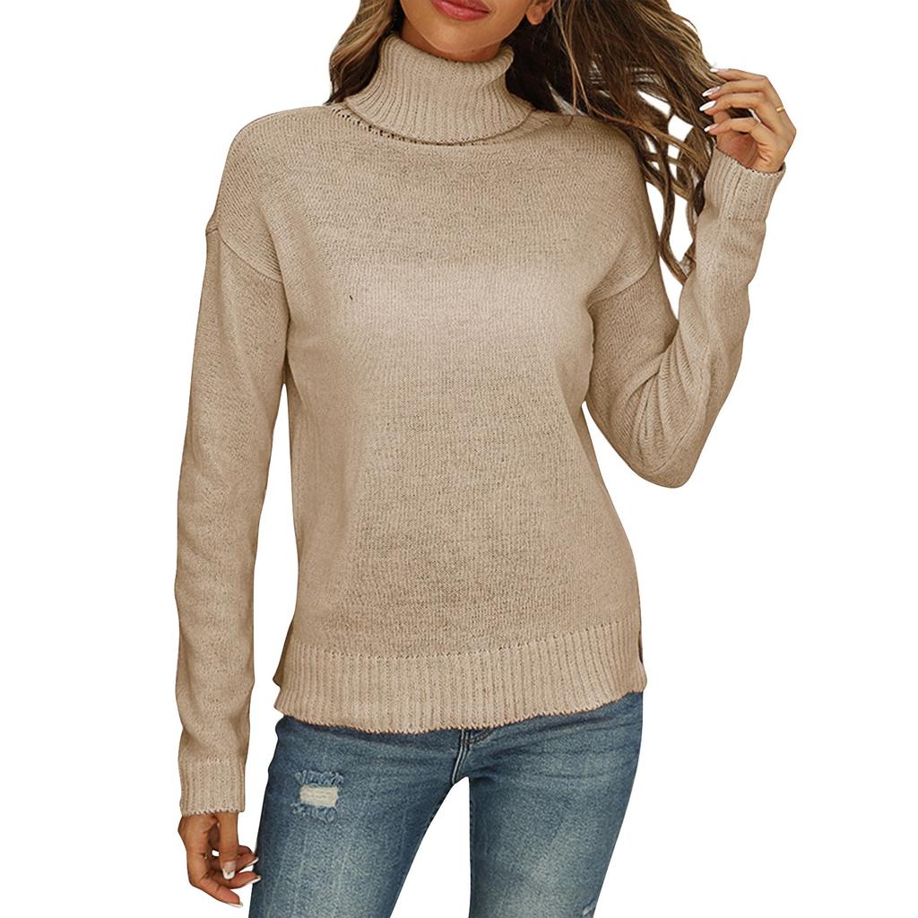 Women's Fashion Casual Turtleneck Solid Color Long Sleeve Knitted Sweater Shirt Tops