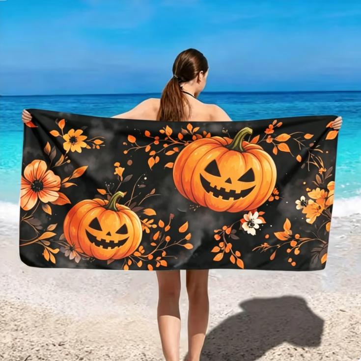 Large Microfiber Beach Towel, Cute Ghost with Red Floral Print, Sand Free & Quick Dry, for Gothic Spooky Summer Beach Use