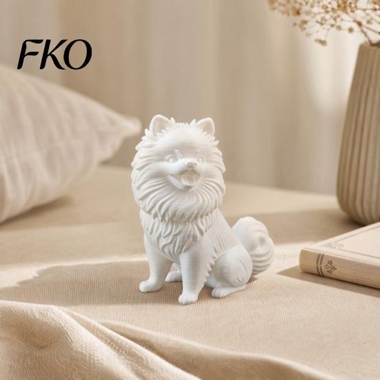 Simple Design Ornament 3D Printed Cute Pomeranian Dog Figurine, White Twisting Head Puppy Statue, Small Home Decor Desktop for Office Desk Decor,