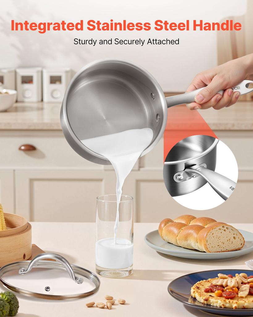 VEVOR 1.5 QT Saucepan, Stainless Steel Saucepan with Glass Lid, Multipurpose Nonstick Stainless Steel Small Cooking Sauce Pot with Ergonomic Handle