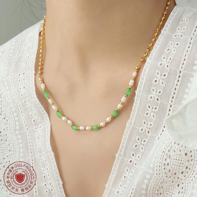 Модный тайский зеленый опал с пресноводным жемчугом, ожерелье из титановой стали с бусинами, модные универсальные аксессуары для девочек