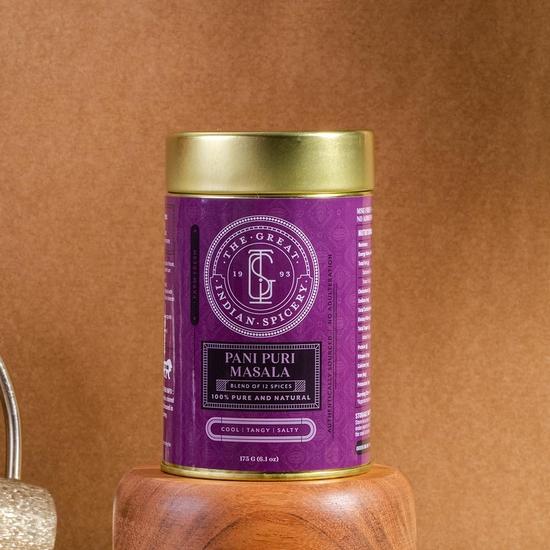 Великая индийская лавка специй | Масала для пани пури - 150 г жестяная банка | Стерилизация паром, свежесть с фермы, аутентичная смесь из 12 специй, без примесей