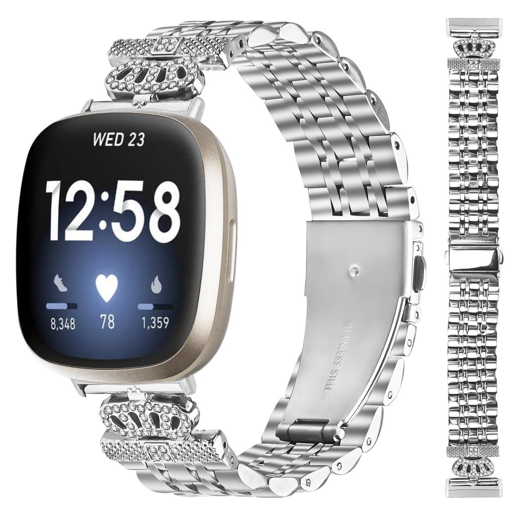 For Fitbit Versa 4/Sense 2 Watch Band 7-Bead Rhinestone Crown Stainless Steel Strap Silver