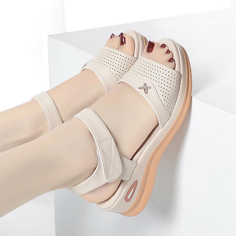 Summer Women Sandals Casual Flat Shoes Genuine Leather Female Wedges Soft Sole Cozy Mother Shoes Butterfly Hollow Breathable