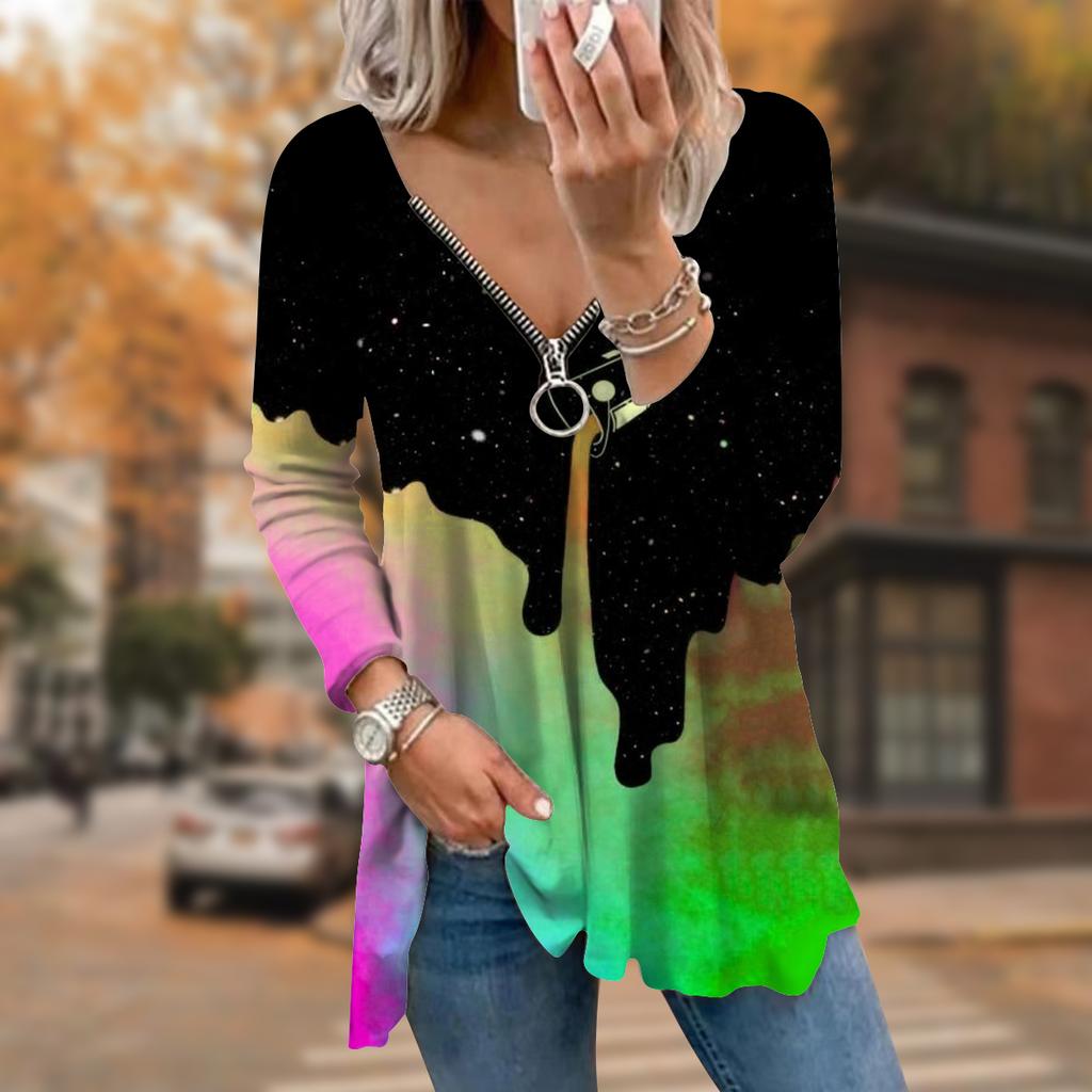 Women Autumn Bucket Pigment Printed Long Sleeve T-Shirts Loose V-Neck Plus Size Tee Shirt Tops Comfy Blouse