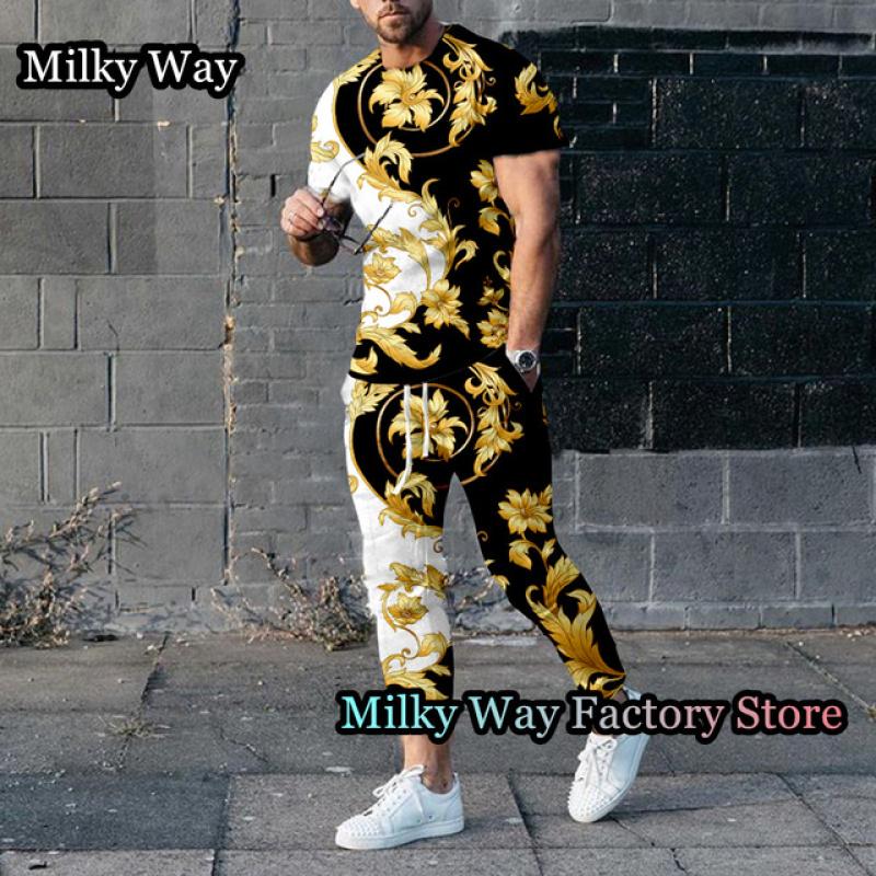 Роскошный мужской спортивный костюм с принтом цепочки, летний комплект из 2 предметов, футболка и брюки, винтажный спортивный костюм, мужская модная одежда, ретро наряд