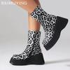Leopard Platform Women Ankle Boots Fad Wedges High Heels Leather Shoes 2025 Trend Designer Goth Winter Motorcycle Botas De Mujer