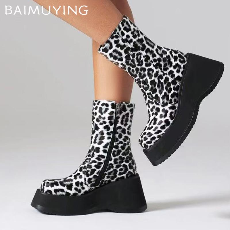 Leopard Platform Women Ankle Boots Fad Wedges High Heels Leather Shoes 2025 Trend Designer Goth Winter Motorcycle Botas De Mujer