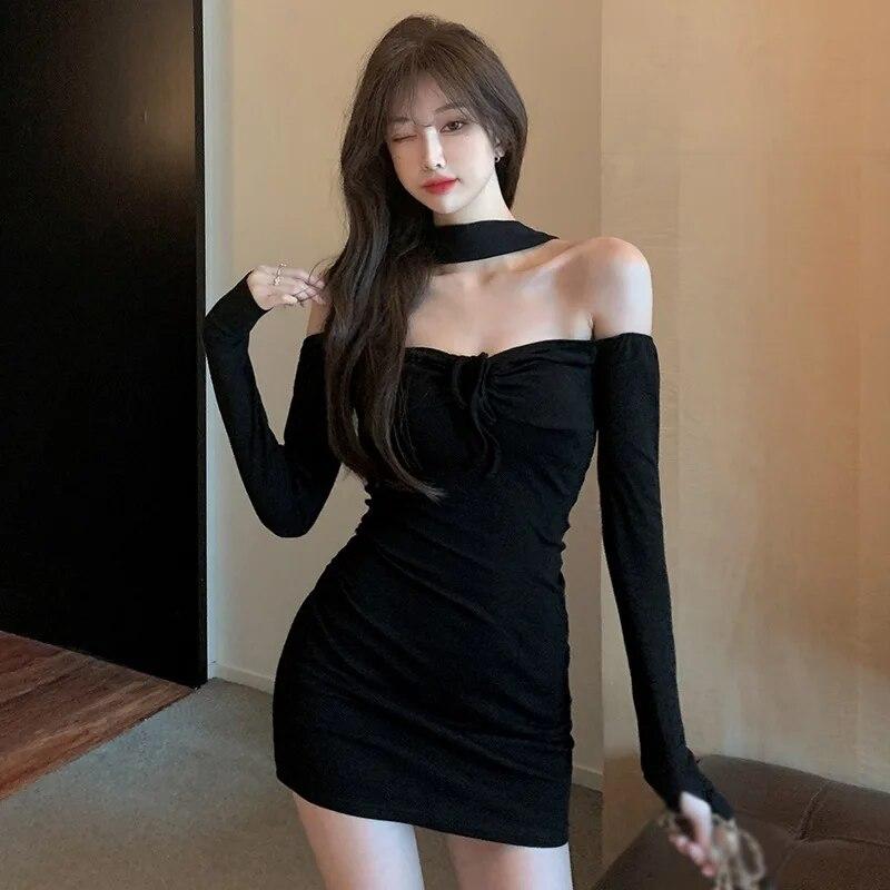 Женское платье с бретелькой на шее, облегающее мини-платье с открытыми плечами, праздничное платье с длинным рукавом, облегающее повседневное клубное платье
