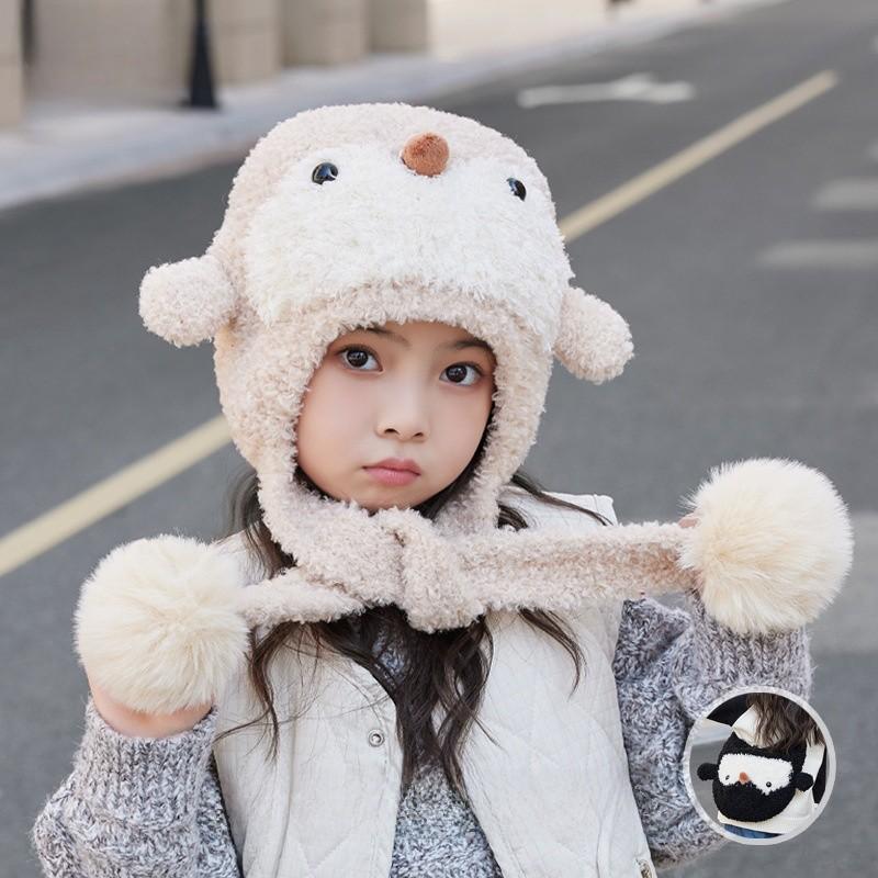 Детская милая вязаная шапка-бини с пингвином из пушистого полиэстера для холодной погоды и тепла для головы