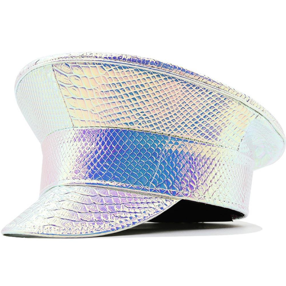Summer Hat PU Leather Laser Hats Waterproof Sunscreen Leather Beret UV Protection Flat Caps Party Hat Cosplay Show