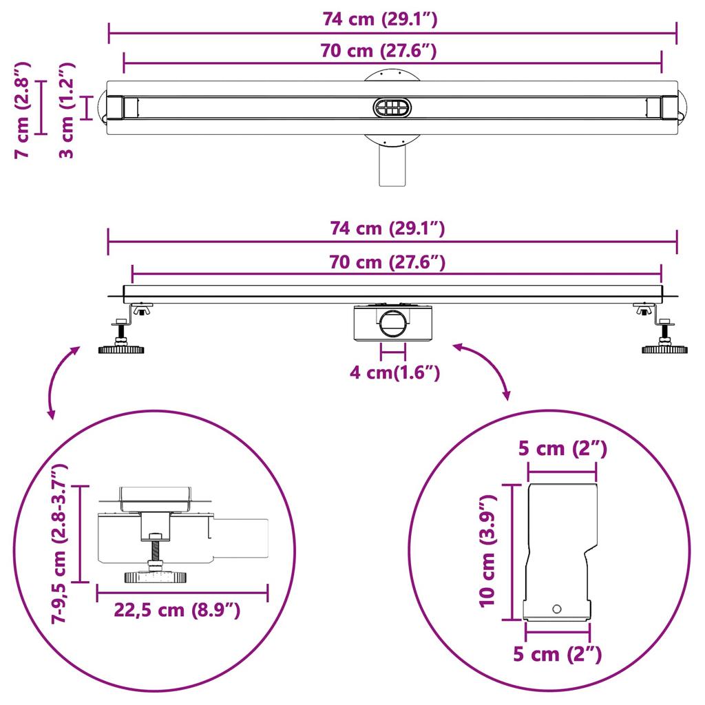 360 degrees Shower Drain with Slim Model Silver 70 cm Stainless Steel 304