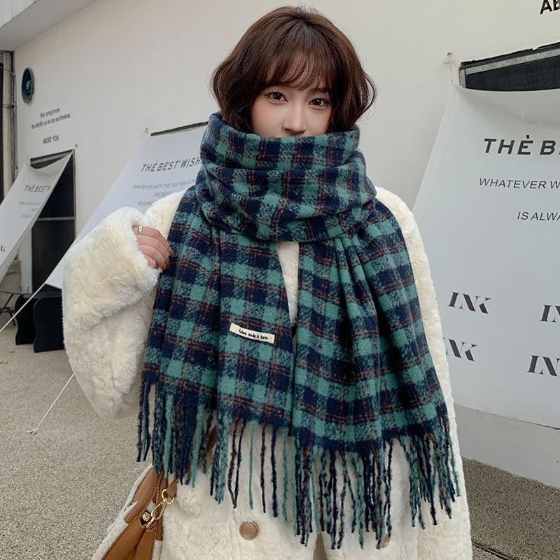 Zhang Ruonan Dark Green Plaid Scarf Women's Winter Warm Versatile Thickened Warm Shawl Dual-purpose Scarf