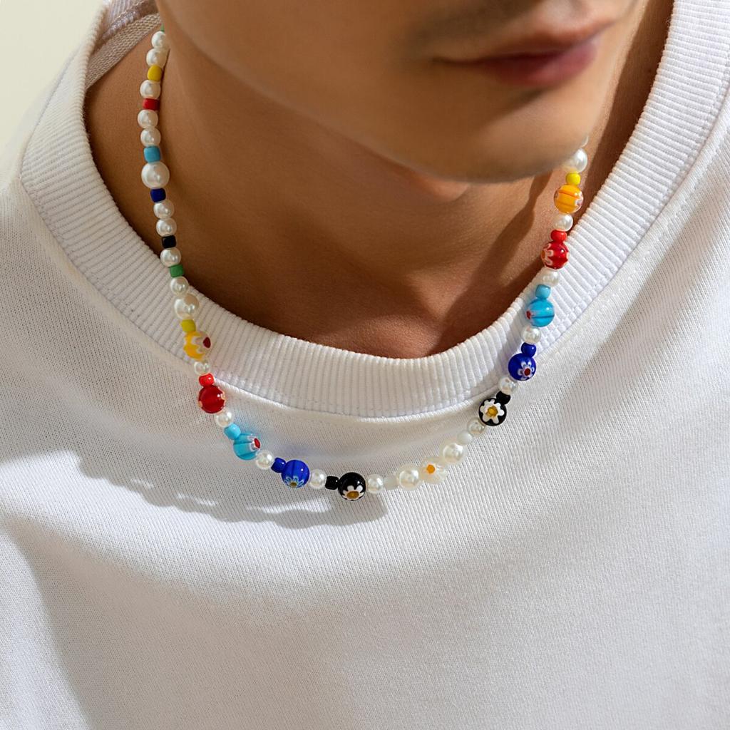 Retro Boho Wood Bead Stone Chain Necklace for Men Punk Simple Short Clavicle Choker Y2K Accessories Fashion Jewelry Gift Party