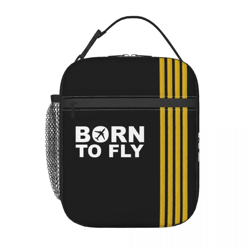 Custom Born To Fly Captain Stripes Flight Pilot Lunch Bag Women Cooler Thermal Isolated Lunch Box For Kids School