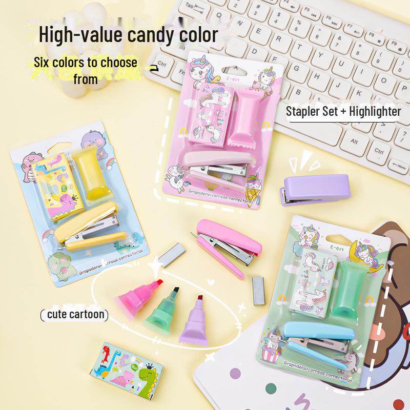 Candy Color Mini Stapler & Highlighter Set: Creative Cartoon Unicorn & Dinosaur Design