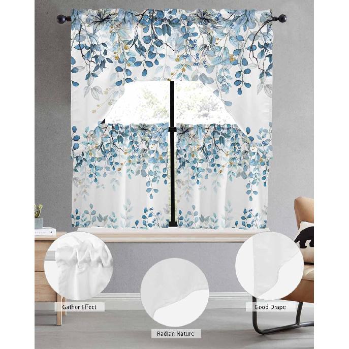 Kitchen Curtains Sets 24 Inch Length with Valance, Abstract Art Blue Leaves Branches Swag Valances for Windows and Tiers Curtain Set, Light Filtering