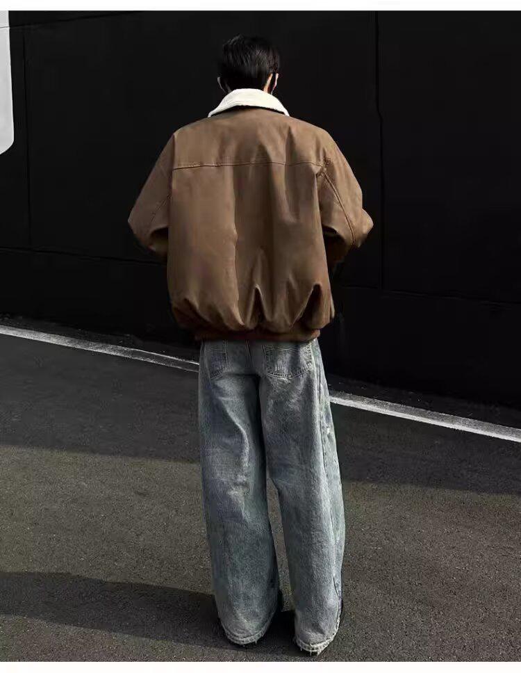 Мужской ретро-цельный пальто из шерсти ягненка тай-дай с бархатной подкладкой, отложным воротником и кожаными акцентами