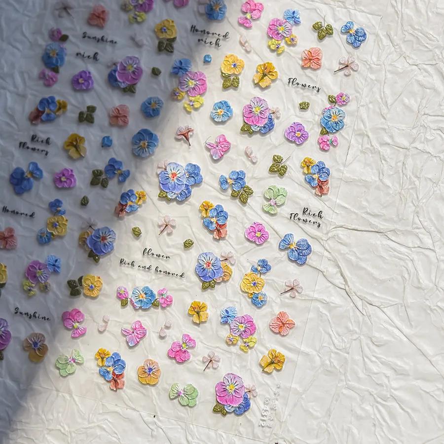 Charming Petal Flower Colorful Wildflowers Daisy Leaves 5D Relief Self Adhesive Nail Art Sticker Decoration Manicure Decal DIY