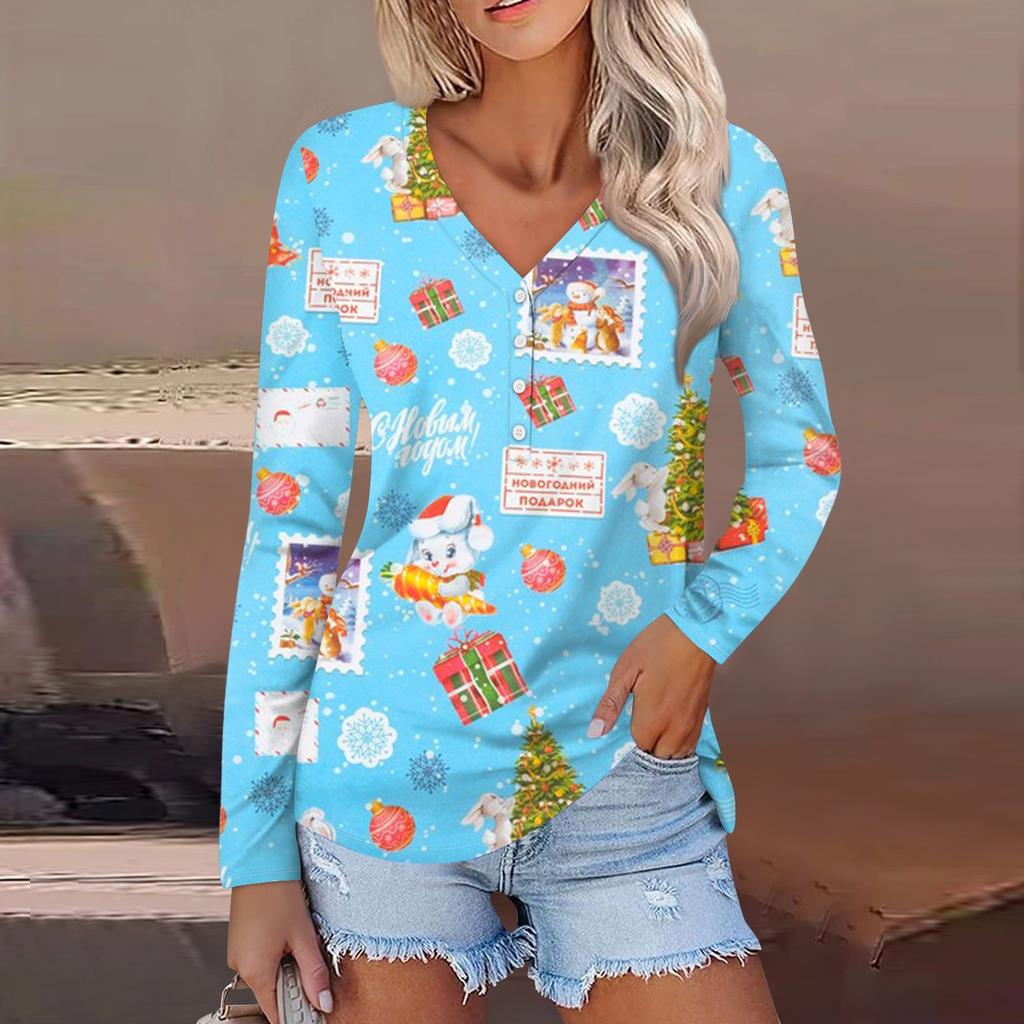 Women's Casual Fashion Sexy Comfort Christmas Printed V-Neck Button Long Sleeve