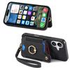 For iPhone 16 Case RFID Blocking Handbag Leather+TPU Phone Cover Card Slots, Ring Holder - Black