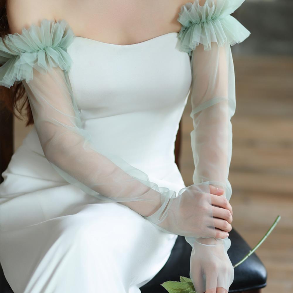 Korean Style Wedding Long Sleeves Solid Color Pleated Lace Arm Covers Bridal Arm Sleeves Female