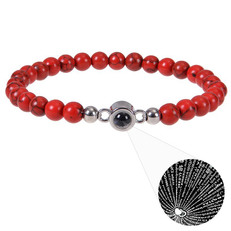 Браслет для пары с проекцией на 100 языках из натурального тигрового глаза 6 мм и зебрового камня