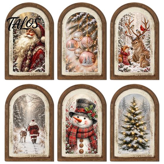 Nostalgic Christmas Gift Set Arched Picture Frame Wall Art Decor, Vintage Wooden Photo Frame, Solid Retro Hanging Wood Tabletop Decoration, Decorative
