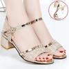 Genuine Leather Thick Heel Rhinestone Women's Sandals, Fashionable Large Size Elegant Non-slip Daily Sandals