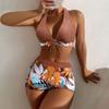Women's Paneled Printed Swimsuit Ladies Fashion Sexy Split Boxer High Waist Swimsuit Two-Piece Set V-Neck Bathing Suits Female