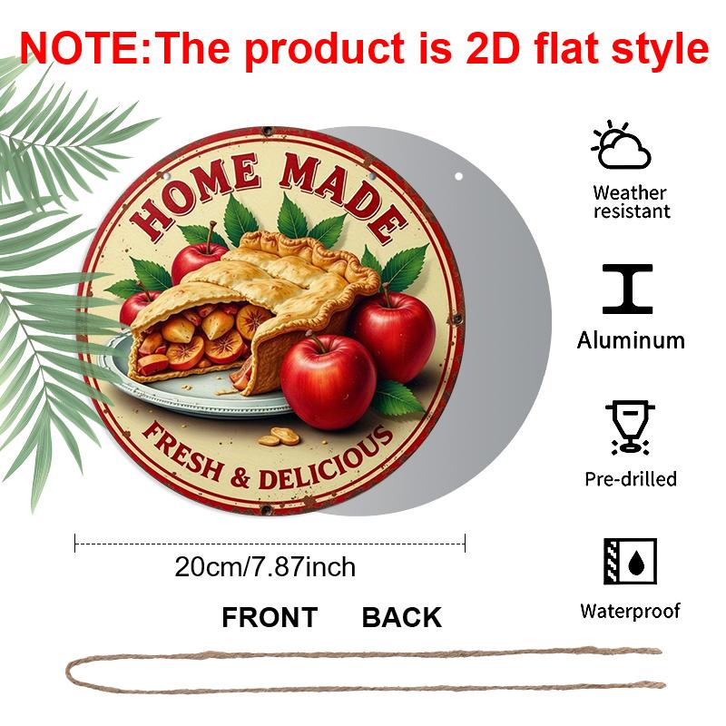 2D Flat 1pc, 8x8 in, Vintage-Style Aluminum Metal Sign - "Home Made" Apple Pie & Apples Decorative Wall Art, Garden Decor for Home, Bar, and More