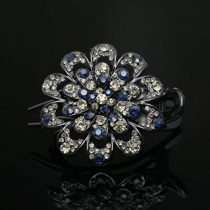 Flower Hair Clip Crystal Rhinestone- Fancy Ponytail Barrette Elegant Hair Clip for Women