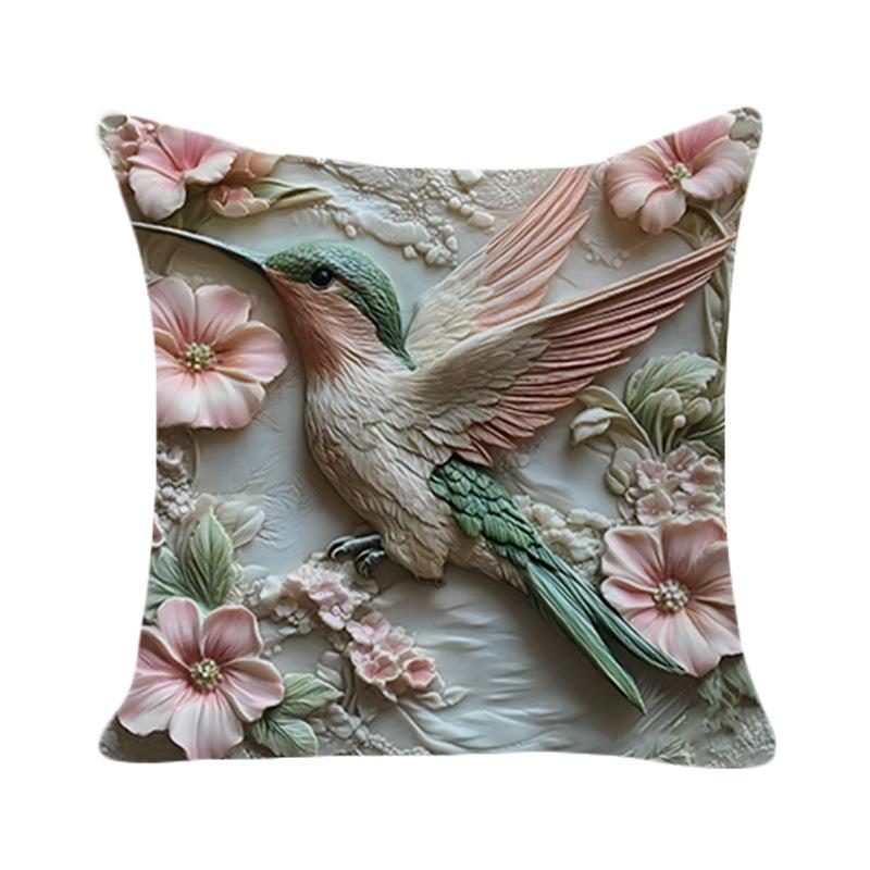 New 3D Imitation Carving Three-dimensional Flower and Bird Print Pillow Case, Fashionable and Simple Living Room Sofa Home Pillow