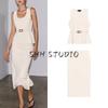 With Belt Round Neck Sleeveless Knitting Tops 4192062 Minimalist Easiest for Match High Waist Midi Dress 4192063