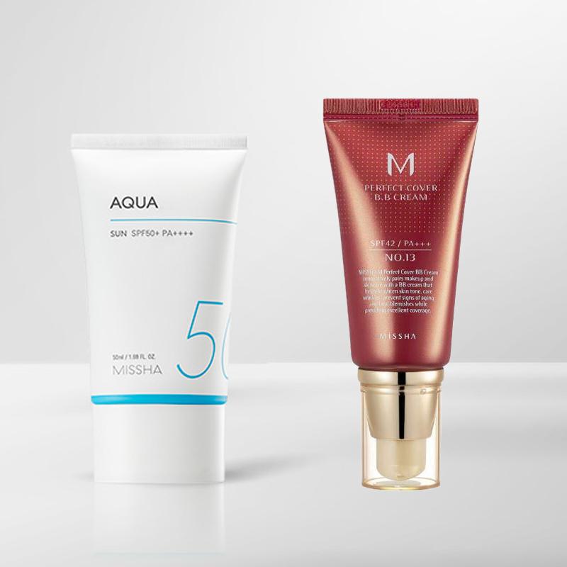 MISSHA Солнцезащитный крем Allaround Safe Block Aqua SPF50+/PA++++ с BB-кремом Missha Perfect Cover (6 вариантов)