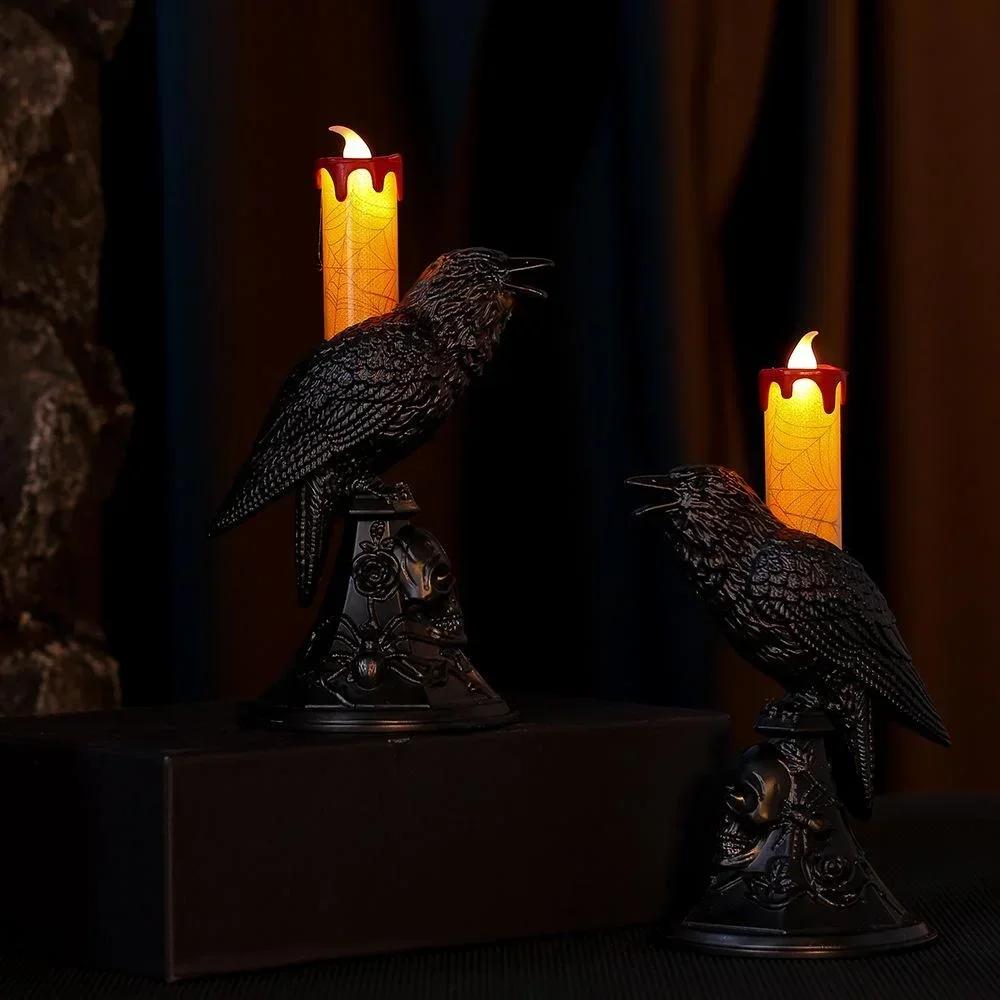 Black Crow Statue Glowing Candlestick LED Candles Lights Halloween Home Decorations Table Lamp Scary Ornaments